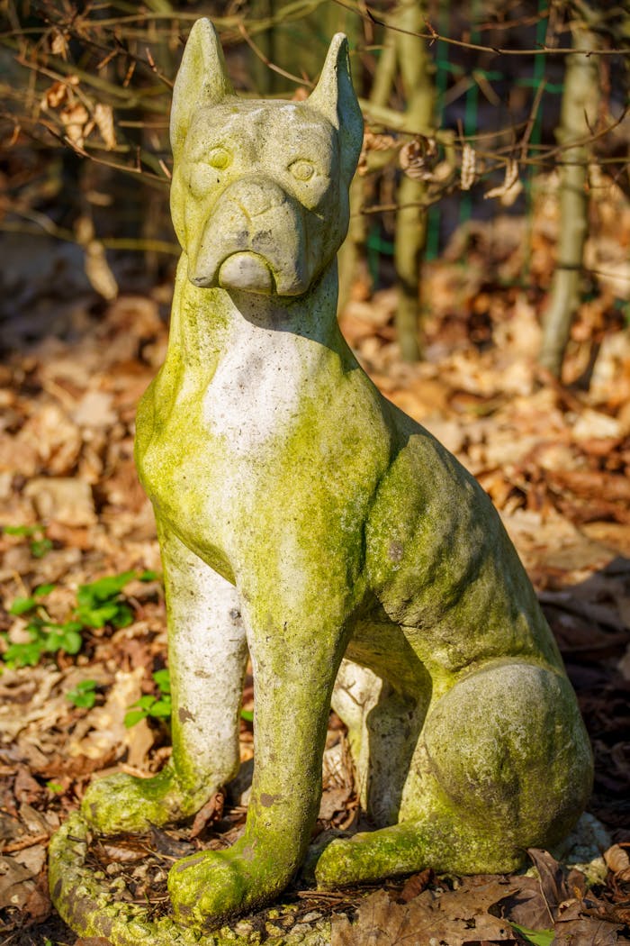 A stone dog statue with moss, surrounded by autumn leaves in a garden.