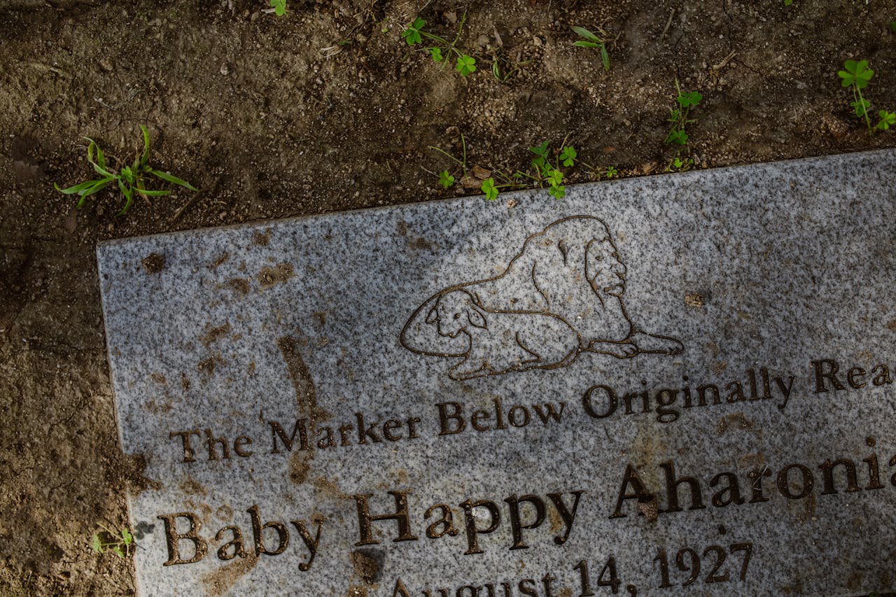 Weathered tombstone in a cemetery, memorializing Baby Happy Aharoni with lion engraving.