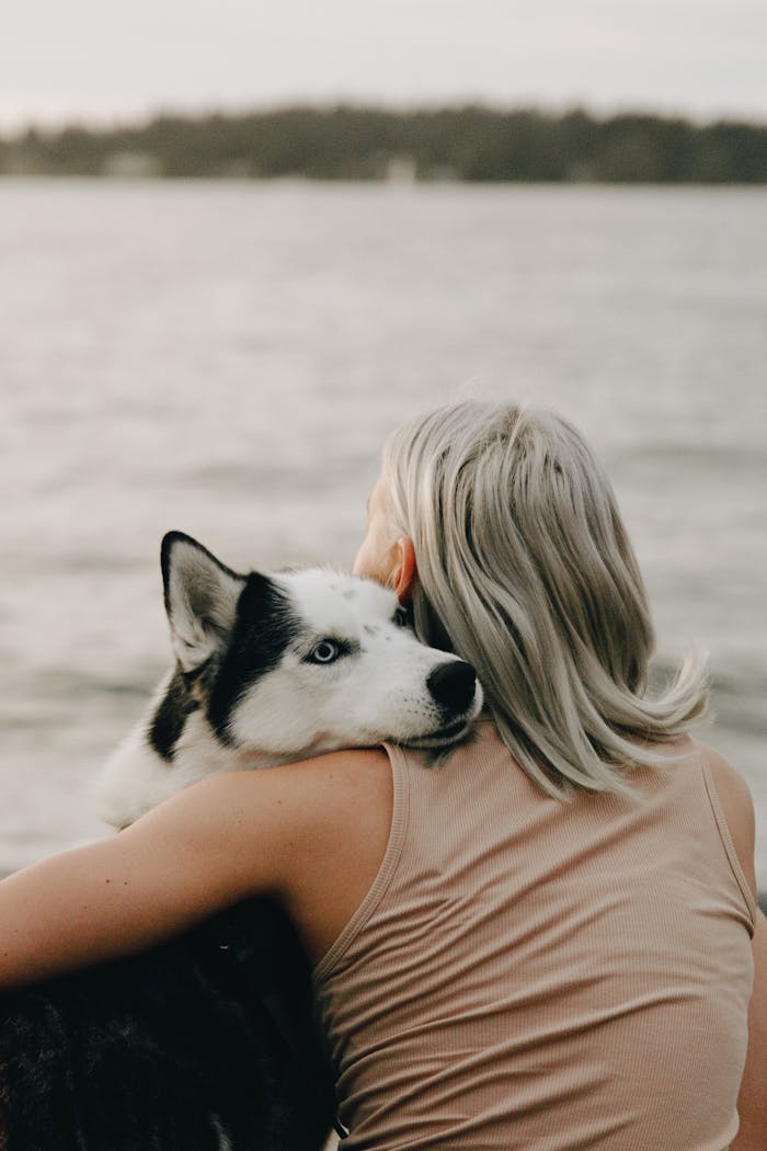 Woman with gray hair embraces Siberian Husky by the calm lake, showcasing friendship and tranquility.